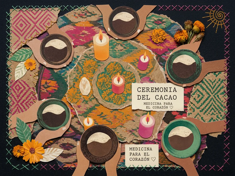 Overhead view of hands holding cacao bowls around candles on a bright woven blanket