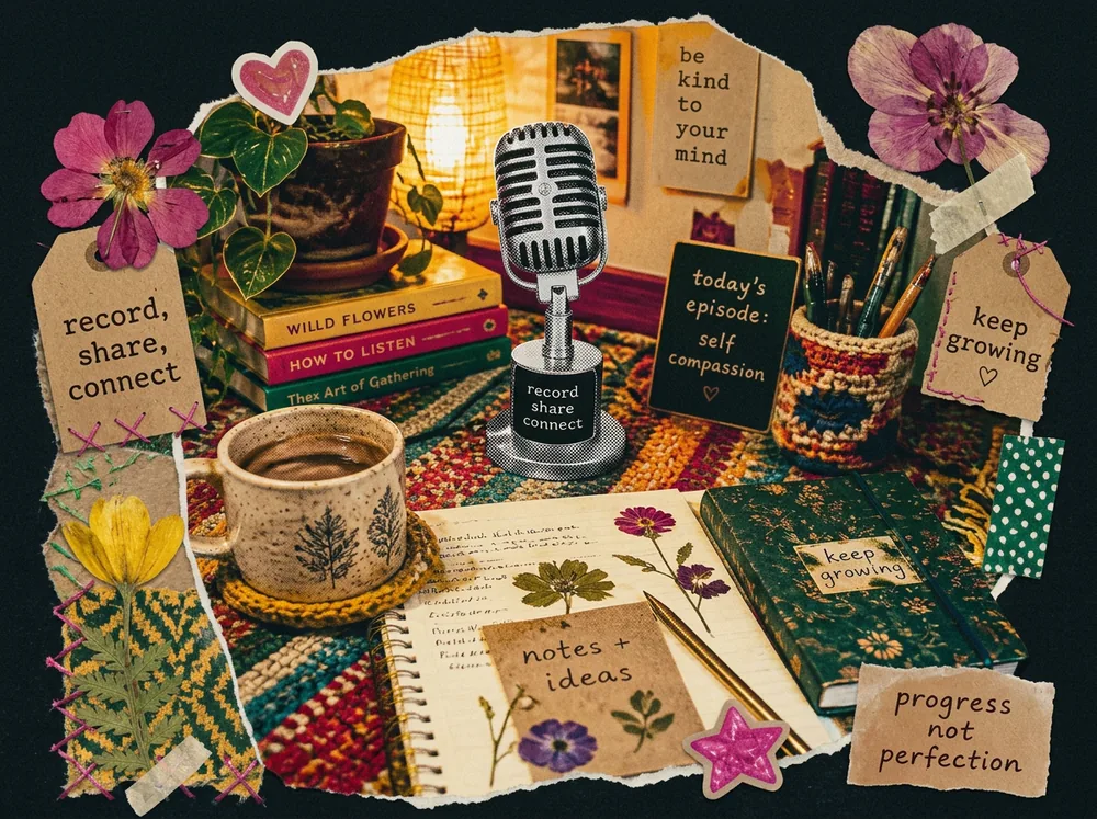 Scrapbook-style photo of a vintage microphone, notebooks and pressed flowers