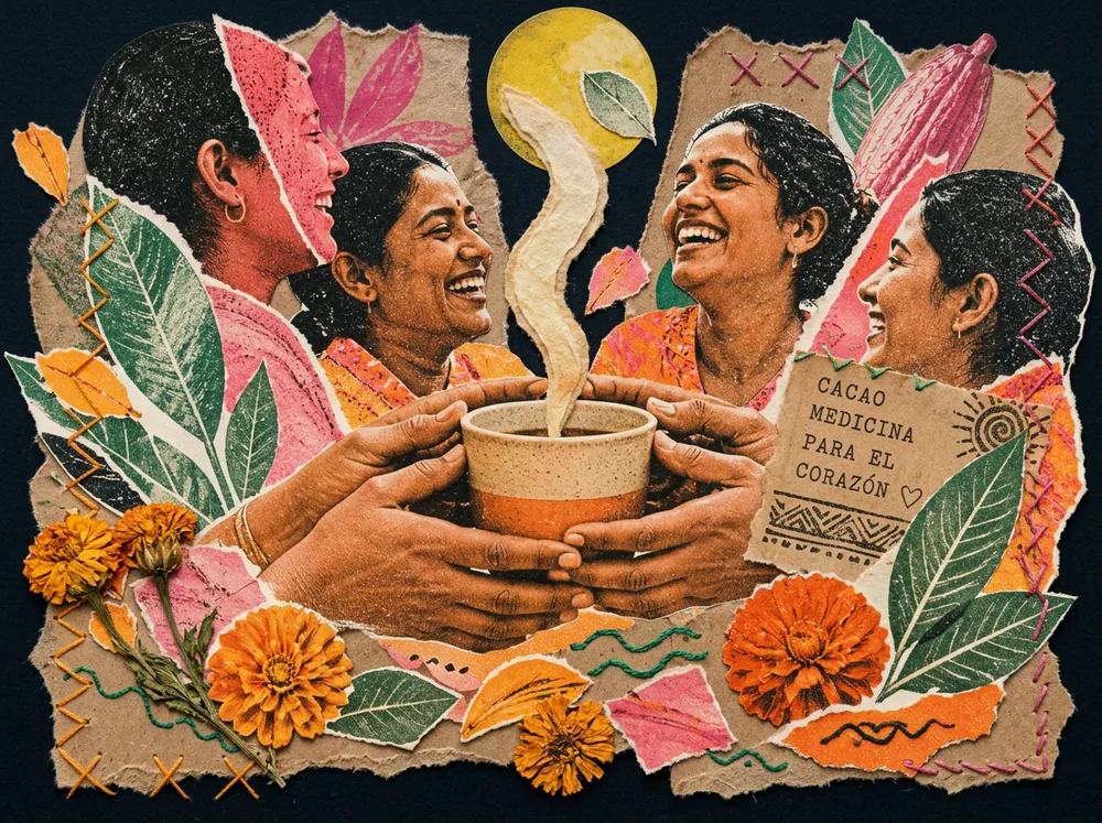 Collage illustration of four people laughing while holding a shared cup of cacao